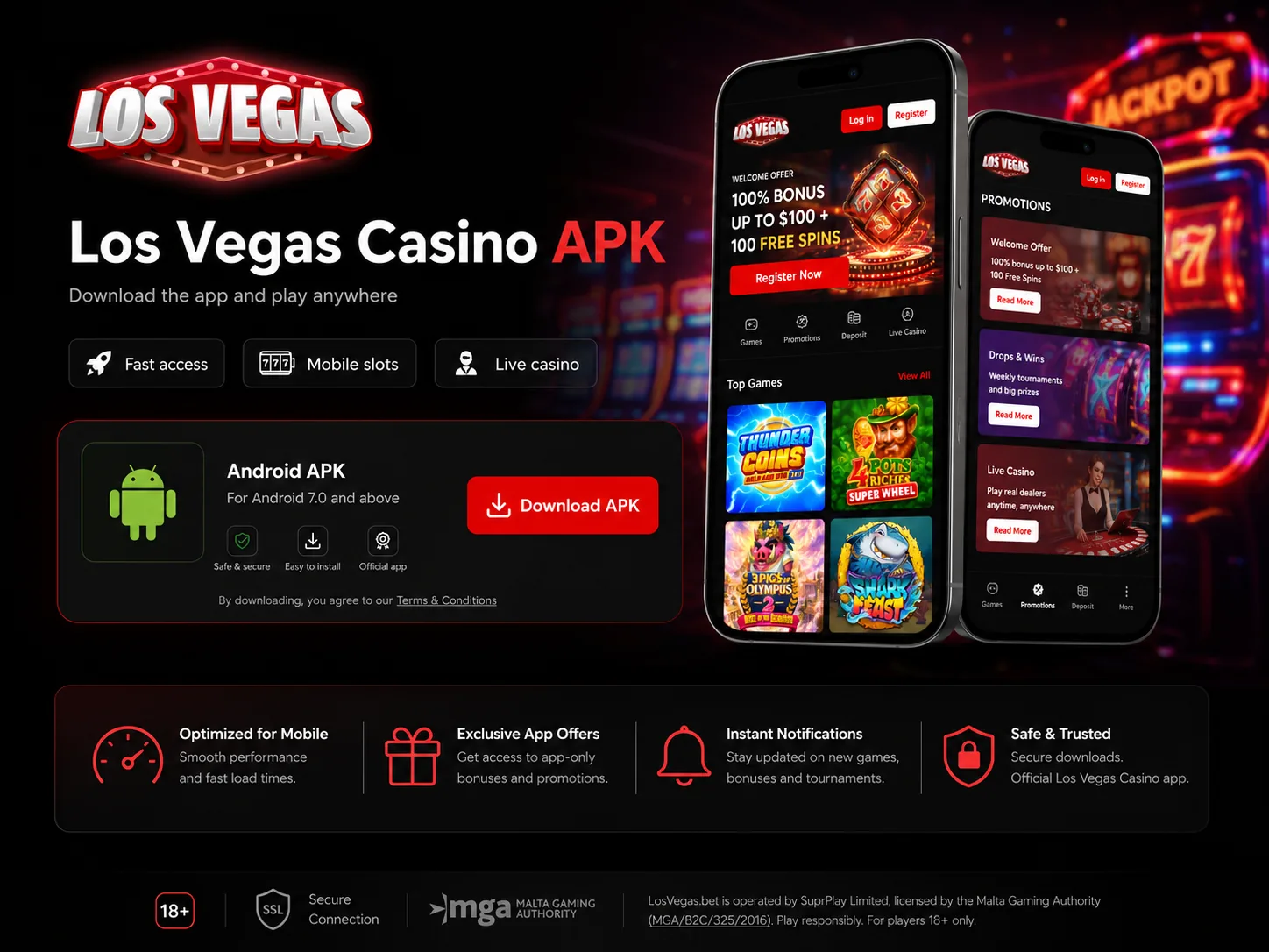 Los Vegas Casino mobile access on Android and iPhone screens