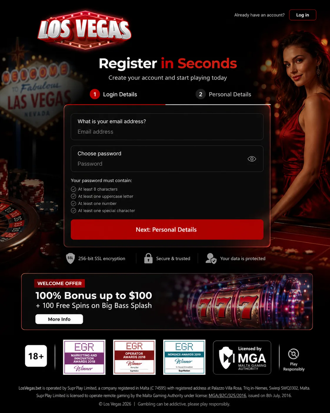 Los Vegas Casino registration form interface