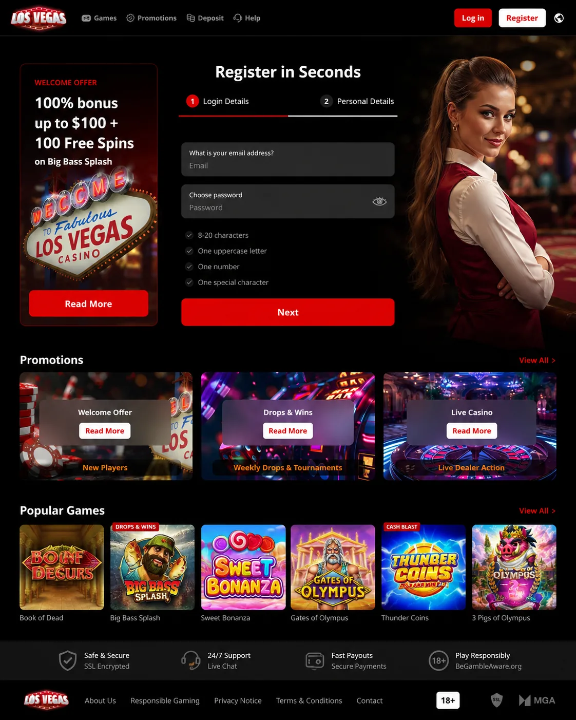 Los Vegas Casino registration and game lobby preview