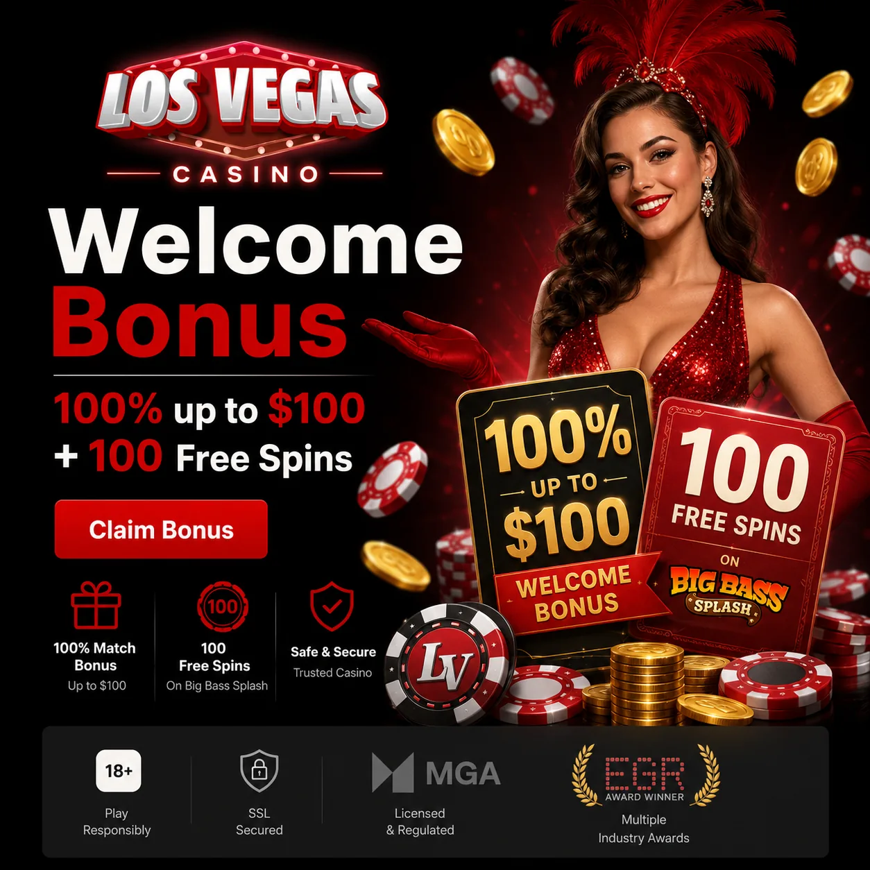 Los Vegas Casino welcome bonus visual with free spins offer